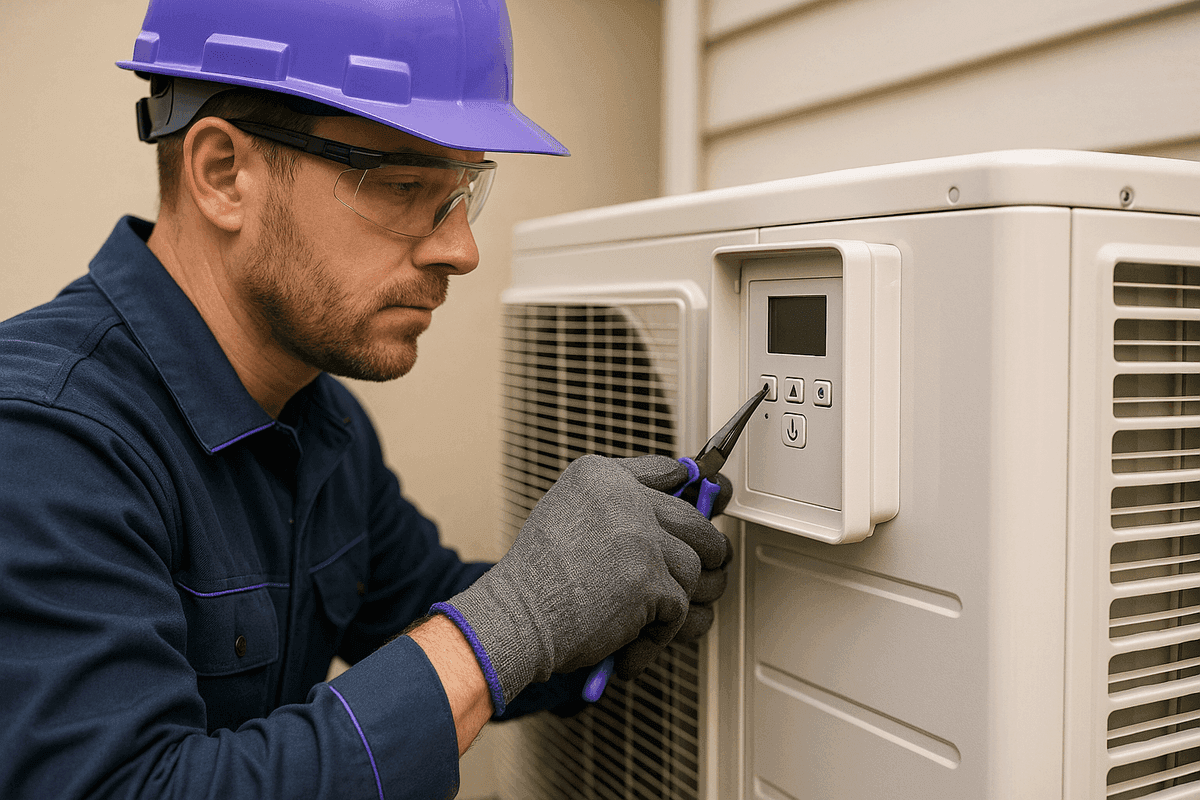 Close-up of gloved hands adjusting air conditioning unit control panel outdoors